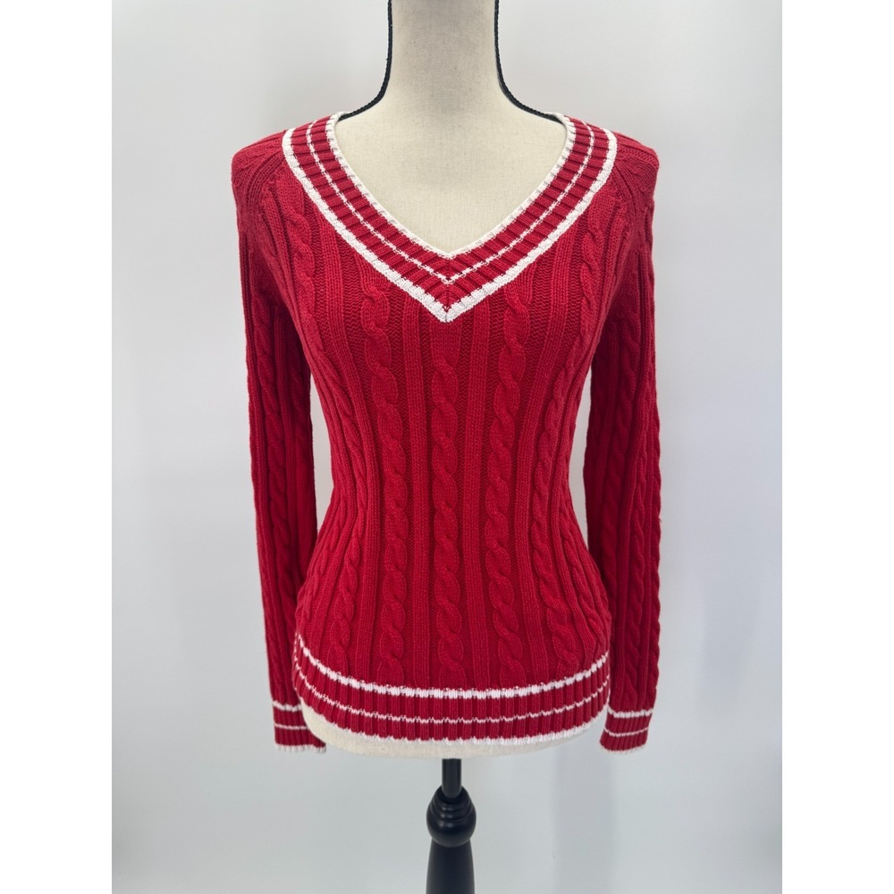 St Johns Bay Red Cable Knit V-Neck Varsity Stripe Sweater Small Tennis Golf Prep